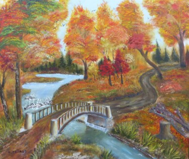 제목이 "Le Pont en Automne"인 미술작품 H. Oriaut로, 원작, 기름 나무 들것 프레임에 장착됨