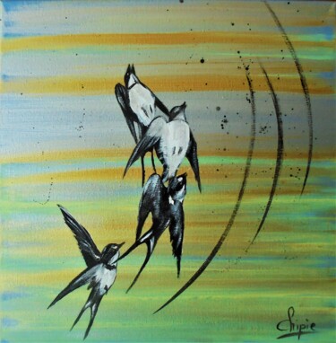 Painting titled "vol d'hirondelles" by Sylvie Pinon, Original Artwork, Acrylic Mounted on Wood Stretcher frame