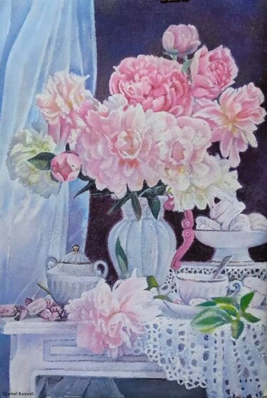 Peinture intitulée "Fleurs Pivoines" par Djamel Baouali, Œuvre d'art originale, Huile
