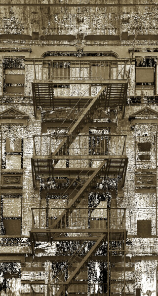 제목이 "Sepia Fire Escapes…"인 콜라주 Tony Rubino로, 원작, 콜라주 나무 들것 프레임에 장착됨