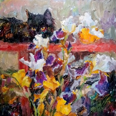 绘画 标题为“Black cat & irises/…” 由Valerie Lazareva, 原创艺术品, 油