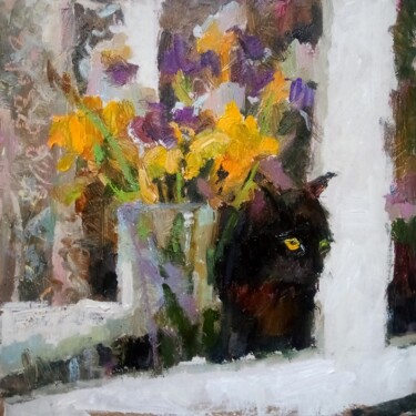 绘画 标题为“Black cat & irises#…” 由Valerie Lazareva, 原创艺术品, 油