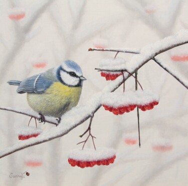 La mésange bleue en hiver Peinture intitulée "La mésange bleue en…" par Reza Sarrafi, Œuvre d'art originale, Huile