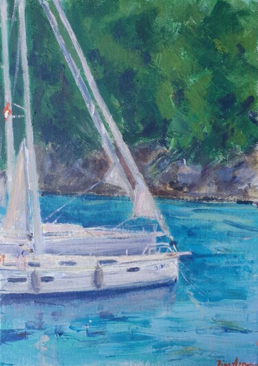 Two boats in the evening Peinture intitulée "Two boats in the ev…" par Dina Aseeva, Œuvre d'art originale, Acrylique Monté sur Châssis en bois