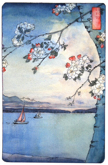 Cerisiers en fleurs sur le lac d'Annecy, aquarelle estampe 제목이 "Cerisiers en fleurs…"인 미술작품 Vanessa Renoux로, 원작, 수채화