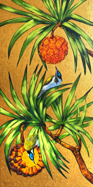 Australian pandanus tree and blue-faced honeyeaters 绘画 标题为“Australian pandanus…” 由Irina Redine, 原创艺术品, 丙烯