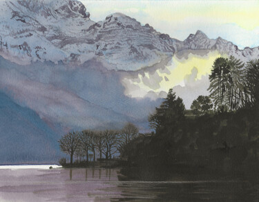 Peinture intitulée "Annecy, lac hivernal" par Pascal Poirier, Œuvre d'art originale, Encre
