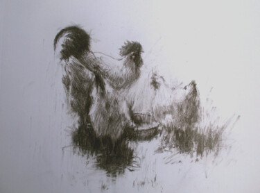 「The Watering Hole」というタイトルの描画 David Beglaryanによって, オリジナルのアートワーク, 木炭