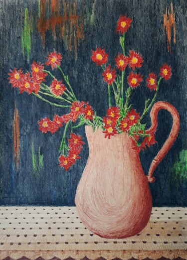 Dibujo titulada "Jarro com Flores" por Eduardo Machado, Obra de arte original, Lápiz Montado en Vidrio