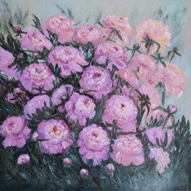 Pittura intitolato "garden of peonies" da Maria Galan, Opera d'arte originale, Olio Montato su Telaio per barella in legno