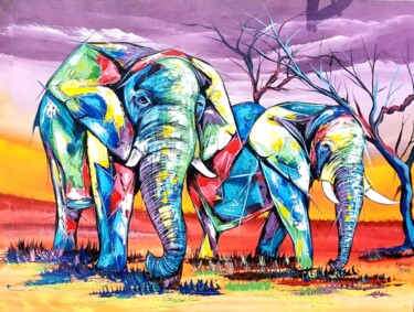 绘画 标题为“Elephants of dreaml…” 由Kevin Jjagwe, 原创艺术品, 丙烯 安装在木质担架架上