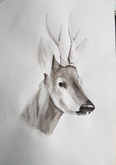 Portrait de cerf, aquarelle, encre de chine Dessin intitulée "Portrait de cerf, a…" par Yulia Pelevina, Œuvre d'art originale, Aquarelle