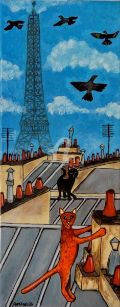 PARIS ENTRE CHATS Peinture intitulée "PARIS ENTRE CHATS" par Artamelis, Œuvre d'art originale, Acrylique Monté sur Châssis en bois