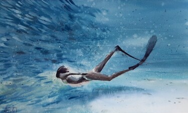 Nager en compagnie Pittura intitolato "Nager en compagnie" da Manu Toxxic, Opera d'arte originale, Acquarello