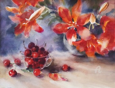 Peinture intitulée "Lys rouge" par Sylvie Vernageau, Œuvre d'art originale, Aquarelle