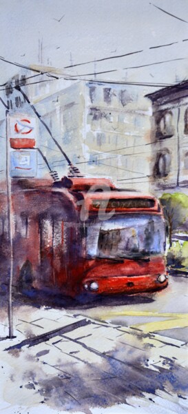 Trolleybus on the student square Belgrade 17x36 cm 2022 绘画 标题为“Trolleybus on the s…” 由Nenad Kojić, 原创艺术品, 水彩