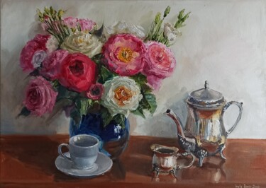 Painting titled "Roses pink flower b…" by Leyla Demir, Original Artwork, Oil Mounted on Wood Stretcher frame