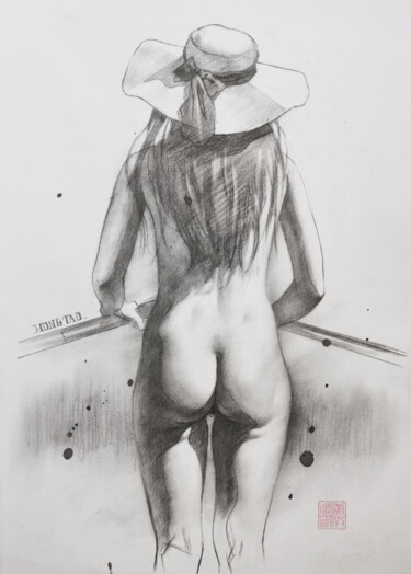 제목이 "A girl in a hat"인 그림 Hongtao Huang로, 원작, 연필