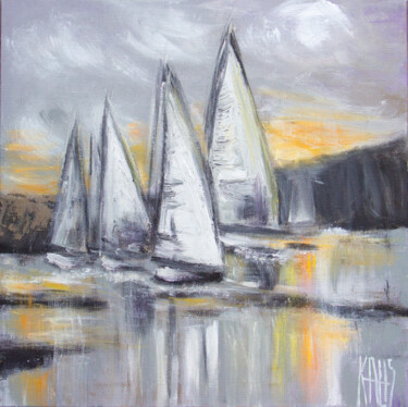 Painting titled "Les voiles V" by Michèle Kaus (Kaus), Original Artwork, Acrylic Mounted on Wood Stretcher frame