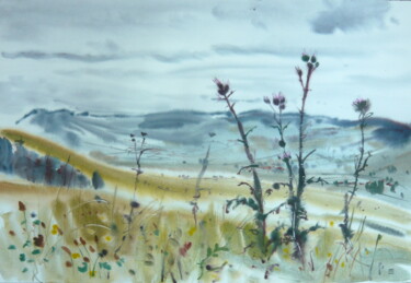 Painting titled "Blooming thistles" by Rudolf Suran, Original Artwork, Watercolor