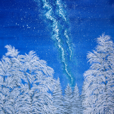 DECEMBER NIGHT, square winter landscape snowy birch trees Peinture intitulée "DECEMBER NIGHT, squ…" par Rimma Savina, Œuvre d'art originale, Acrylique Monté sur Châssis en bois