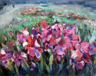Painting Blooming field pink poppies. Summer landscape. 绘画 标题为“Painting Blooming f…” 由Lyudmila Knyazeva, 原创艺术品, 油