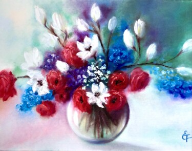 Delicate flowers blossom. Painting titled "Delicate flowers bl…" by Tatsiana Yelistratava, Original Artwork, Oil Mounted on Cardboard