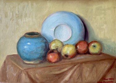 Peinture intitulée "Apples, Round Pot,…" par Jane Wong, Œuvre d'art originale, Huile