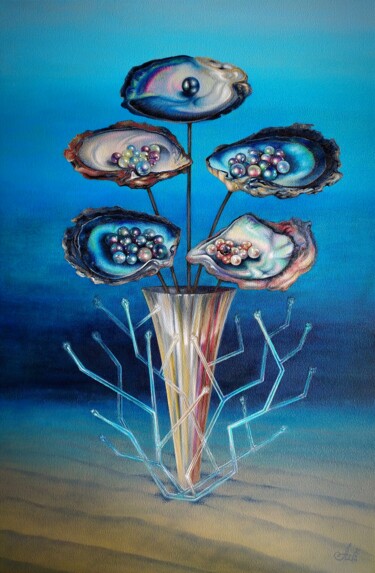 A bouquet for a mermaid 绘画 标题为“A bouquet for a mer…” 由Anna Shabalova, 原创艺术品, 油 安装在木质担架架上