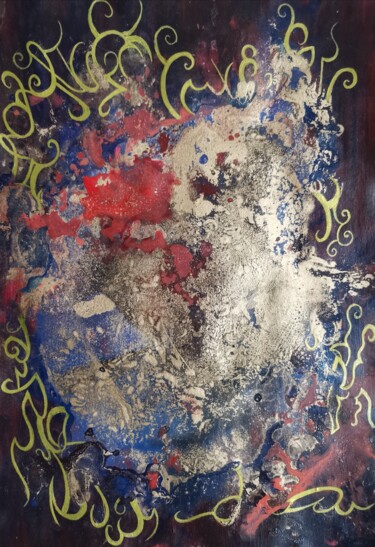 Gold and red stain on dark surface Collages titled "Gold and red stain…" by Lynda Rosemarie Stevens, Original Artwork, Collages