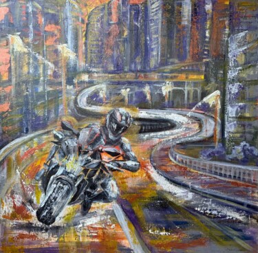 绘画 标题为“Motobyker in the ci…” 由Mika Shigeru, 原创艺术品, 丙烯 安装在木质担架架上