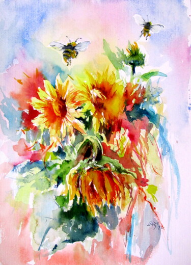 Pintura intitulada "Sunflowers with bees" por Anna Brigitta Kovacs (KAB), Obras de arte originais, Aquarela