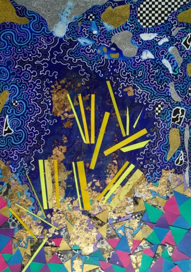 Yellowbars on midnight blue surface Collages titled "Yellowbars on midni…" by Lynda Rosemarie Stevens, Original Artwork, Collages