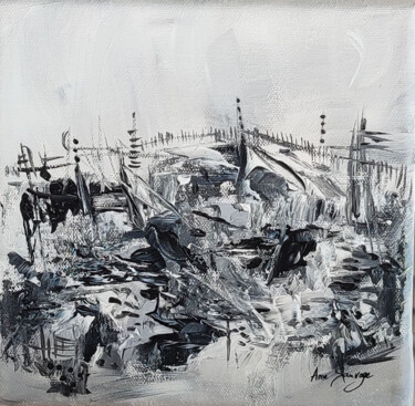 Pêche en mer agitée - Tableau abstrait noir blanc gris Painting titled "Pêche en mer agitée…" by Âme Sauvage, Original Artwork, Acrylic Mounted on Wood Stretcher frame