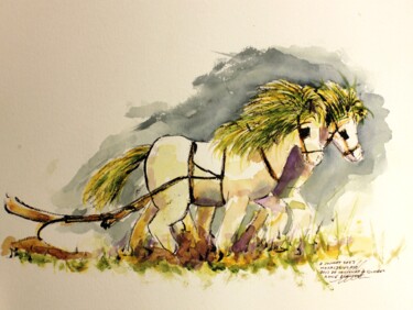 Attelage de chevaux en mosaïculture à Québec 图画 标题为“Attelage de chevaux…” 由René Blanchet, 原创艺术品, 墨