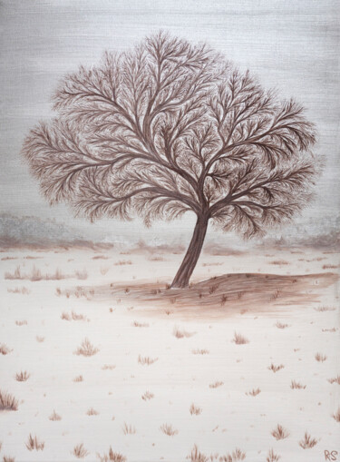 TREE IN THE FIELD, silver color landscape field 60x80 Painting titled "TREE IN THE FIELD,…" by Rimma Savina, Original Artwork, Acrylic Mounted on Wood Stretcher frame