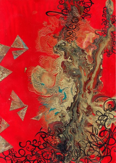 Gold stain on Red Collages titled "Gold stain on Red" by Lynda Rosemarie Stevens, Original Artwork, Collages