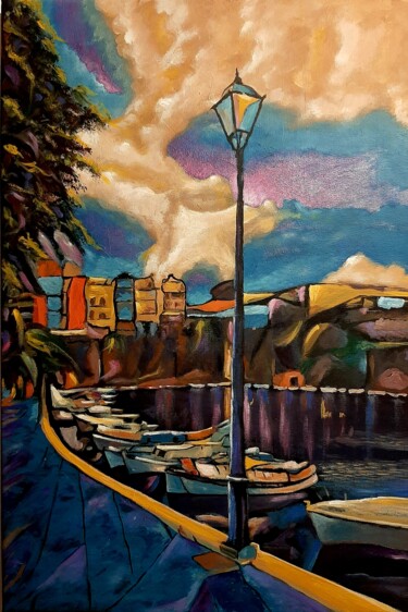 Ζωγραφική με τίτλο "Lake Town" από Spiros Gremo, Αυθεντικά έργα τέχνης, Ακρυλικό