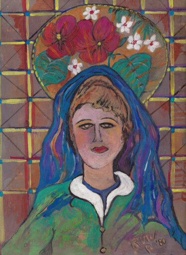 Pittura intitolato "Madonna dal collett…" da Lino Ruiu, Opera d'arte originale, Tempera