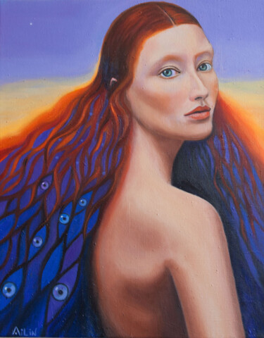 Schilderij getiteld "Feu" door Ailin, Origineel Kunstwerk, Olie Gemonteerd op Frame voor houten brancard