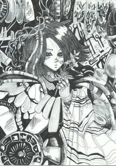 ALITA GUNNM BATTLE ANGEL Comic Manga 1991-1995 Homenaje_2 图画 标题为“ALITA GUNNM BATTLE…” 由Eduardo Bustos Segovia, 原创艺术品, 墨 安装在纸板上