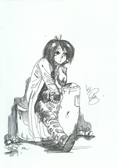 ALITA GUNNM BATTLE ANGEL Comic Manga 1991-1995 Homenaje_3 图画 标题为“ALITA GUNNM BATTLE…” 由Eduardo Bustos Segovia, 原创艺术品, 墨 安装在纸板上