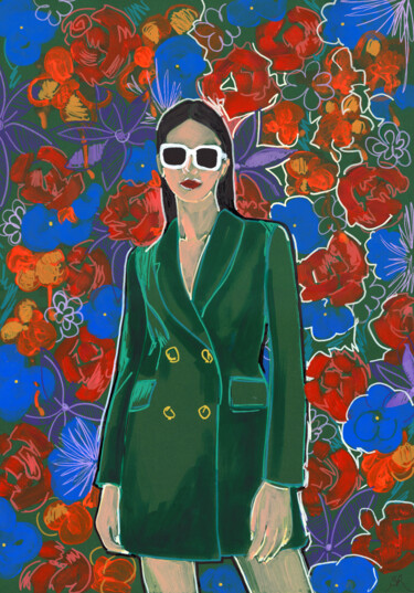FLORAL GIRL ON GREEN BACKGROUND 图画 标题为“FLORAL GIRL ON GREE…” 由Sasha Robinson, 原创艺术品, 丙烯