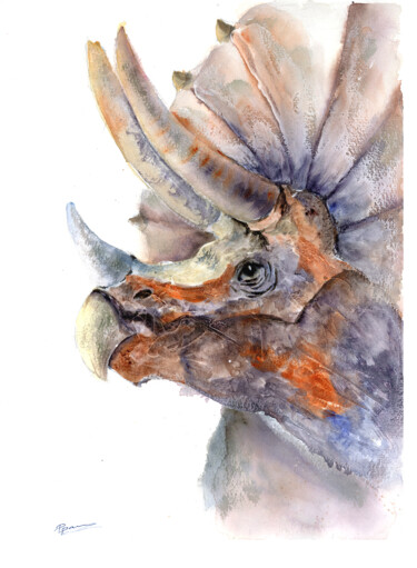 TRICERATOPS - ORIGINAL WATERCOLOR PAINTING Schilderij getiteld "TRICERATOPS - ORIGI…" door Paintispassion, Origineel Kunstwerk, Aquarel