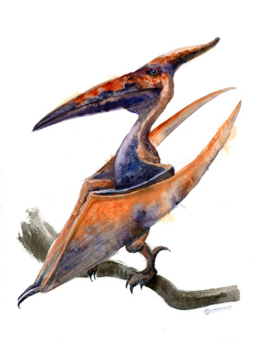PTERODACTYL - ORIGINAL WATERCOLOR PAINTING Schilderij getiteld "PTERODACTYL - ORIGI…" door Paintispassion, Origineel Kunstwerk, Aquarel
