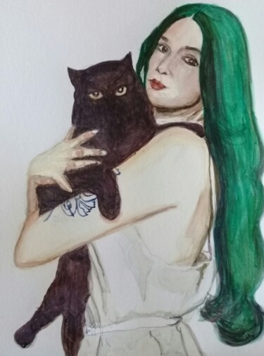 绘画 标题为“Ella con gato negro” 由Bonifacio Contreras, 原创艺术品, 水彩