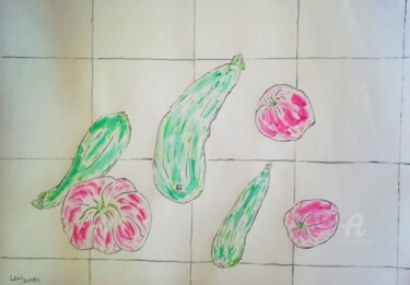 Painting titled "Courgettes tomates." by Roberto Urbano, Original Artwork, Watercolor