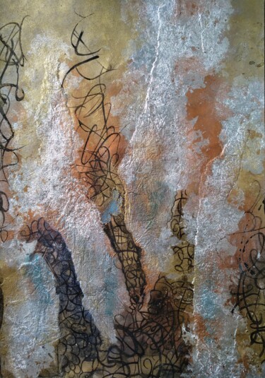 Twine ön silver and gold background Collages titled "Twine ön silver and…" by Lynda Rosemarie Stevens, Original Artwork, Collages