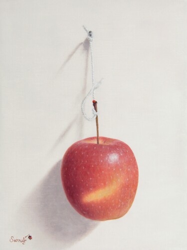 La pomme suspendue ! Peinture intitulée "La pomme suspendue !" par Reza Sarrafi, Œuvre d'art originale, Huile