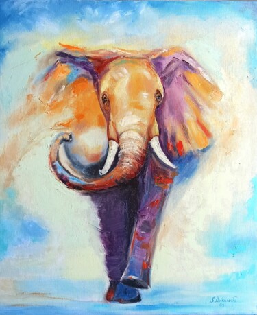 Painting with an elephant "Movement Energy" 「Painting with an el…」というタイトルの絵画 Sveta Makarenkoによって, オリジナルのアートワーク, オイル